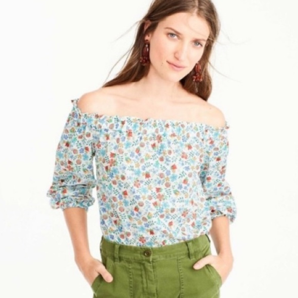 J. Crew Off-Shoulder Floral Blouse in Light Blue, Green, Red